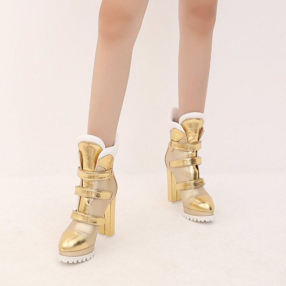 MACKIN J PLATFORM CHUNKY HIGH HEEL BOOTS GOLD NEW